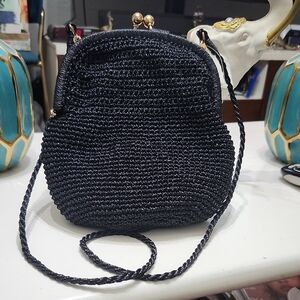 Vintage Marshall Fields Kisslock Bag Straw Woven Black & EUC! Goldtone Hardware